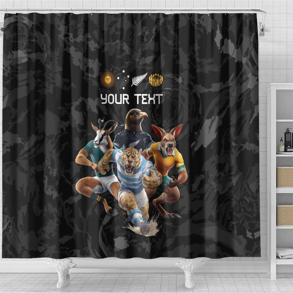 Custom Rugby Southern Hemisphere Shower Curtain Argentina AUNZ South Africa Mascot Black - Aussie Hoodie