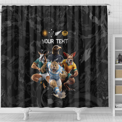 Custom Rugby Southern Hemisphere Shower Curtain Argentina AUNZ South Africa Mascot Black - Aussie Hoodie