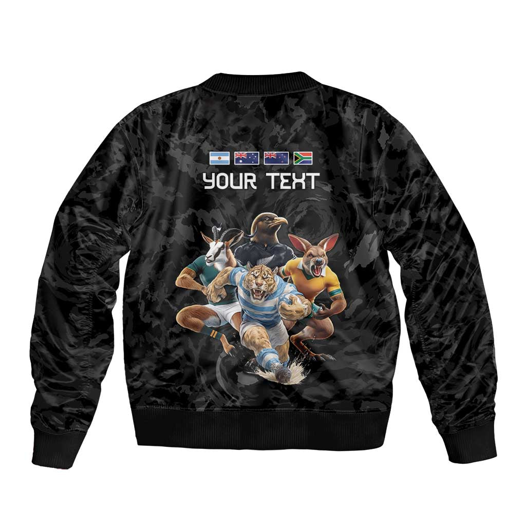 Custom Rugby Southern Hemisphere Sleeve Zip Bomber Jacket Argentina AUNZ South Africa Mascot Black - Aussie Hoodie