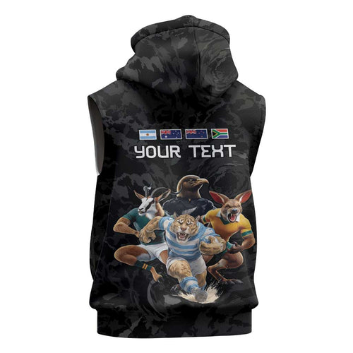 Custom Rugby Southern Hemisphere Sleeveless Zip Hoodie Argentina AUNZ South Africa Mascot Black LT9