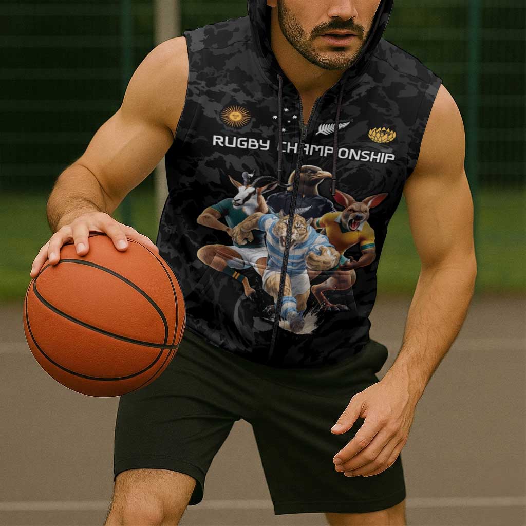 Custom Rugby Southern Hemisphere Sleeveless Zip Hoodie Argentina AUNZ South Africa Mascot Black LT9