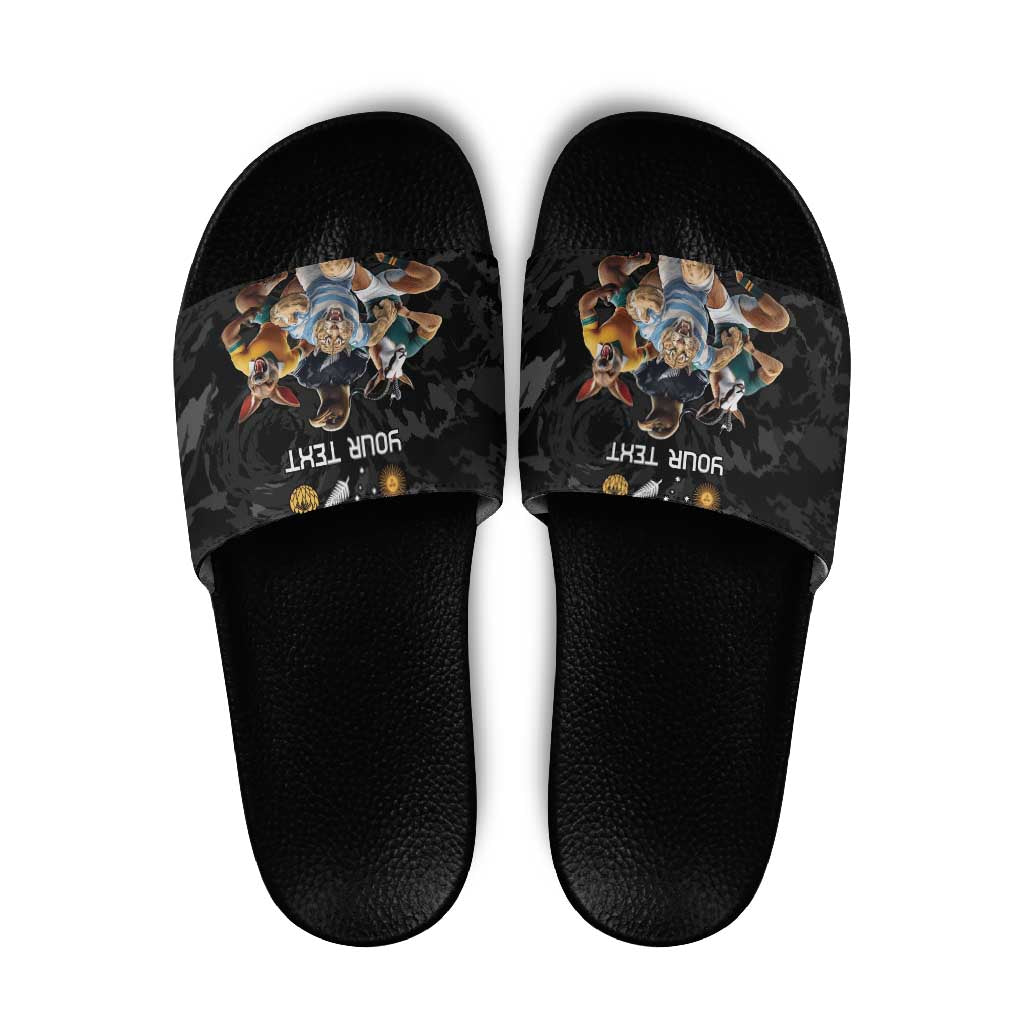Custom Rugby Southern Hemisphere Slide Sandals Argentina AUNZ South Africa Mascot Black - Aussie Hoodie