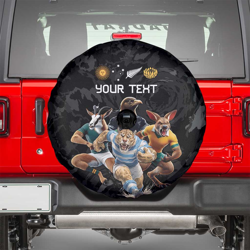 Custom Rugby Southern Hemisphere Spare Tire Cover Argentina AUNZ South Africa Mascot Black - Aussie Hoodie
