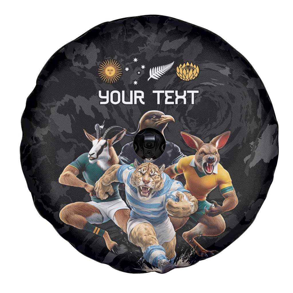 Custom Rugby Southern Hemisphere Spare Tire Cover Argentina AUNZ South Africa Mascot Black - Aussie Hoodie