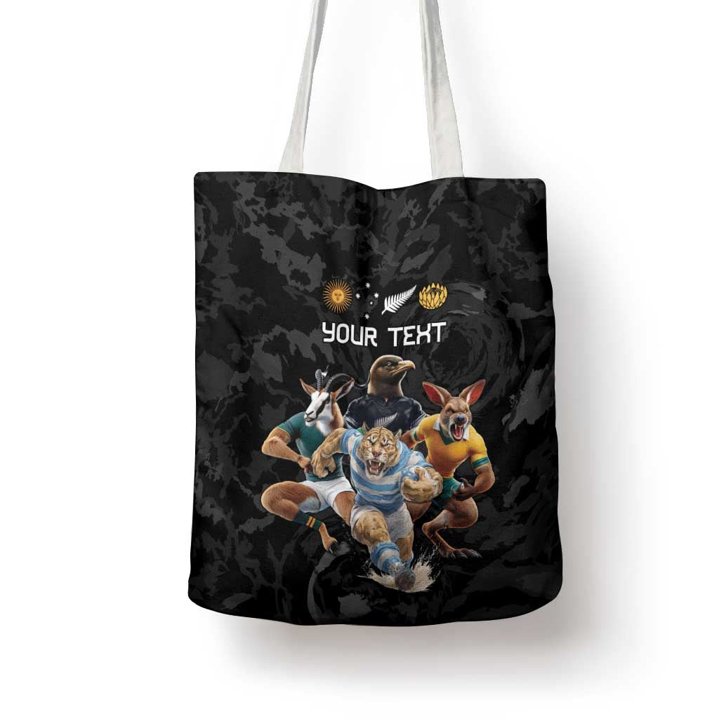 Custom Rugby Southern Hemisphere Tote Bag Argentina AUNZ South Africa Mascot Black - Aussie Hoodie