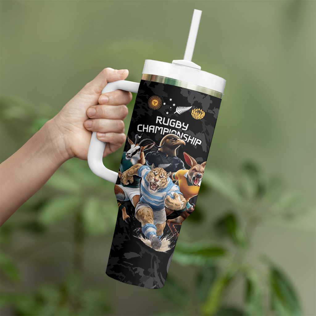 Custom Rugby Southern Hemisphere Tumbler With Handle Argentina AUNZ South Africa Mascot Black - Aussie Hoodie
