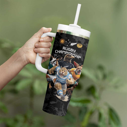 Custom Rugby Southern Hemisphere Tumbler With Handle Argentina AUNZ South Africa Mascot Black - Aussie Hoodie