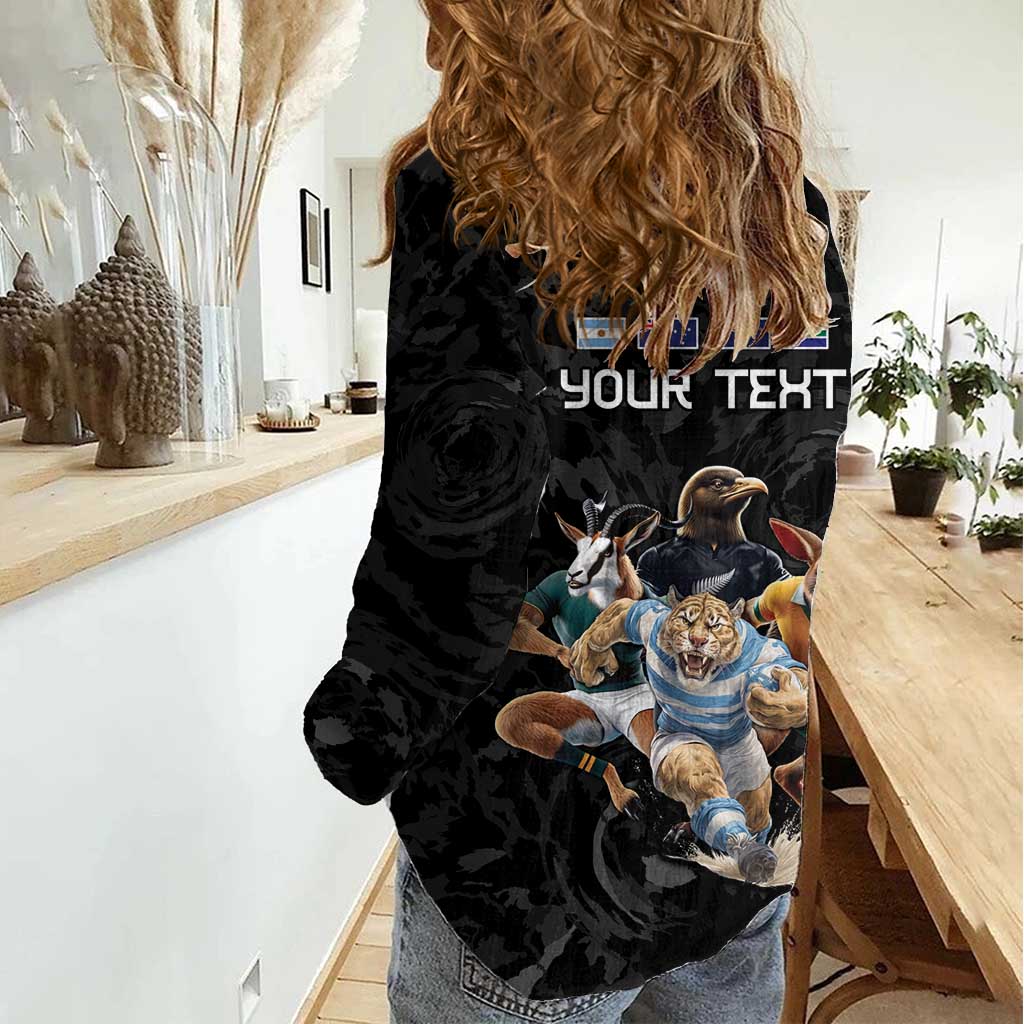 Custom Rugby Southern Hemisphere Women Casual Shirt Argentina AUNZ South Africa Mascot Black - Aussie Hoodie