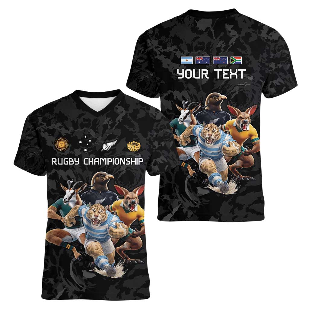 Custom Rugby Southern Hemisphere Women V-Neck T-Shirt Argentina AUNZ South Africa Mascot Black - Aussie Hoodie