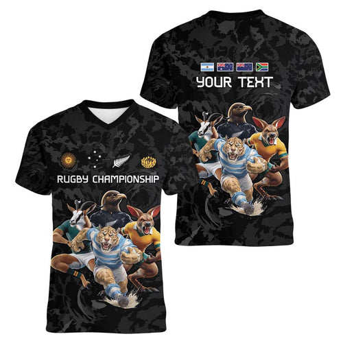 Custom Rugby Southern Hemisphere Women V-Neck T-Shirt Argentina AUNZ South Africa Mascot Black - Aussie Hoodie