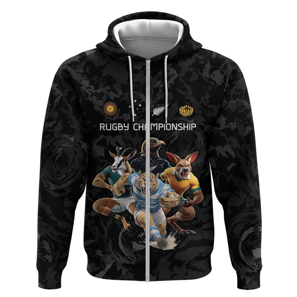 Custom Rugby Southern Hemisphere Zip Hoodie Argentina AUNZ South Africa Mascot Black - Aussie Hoodie