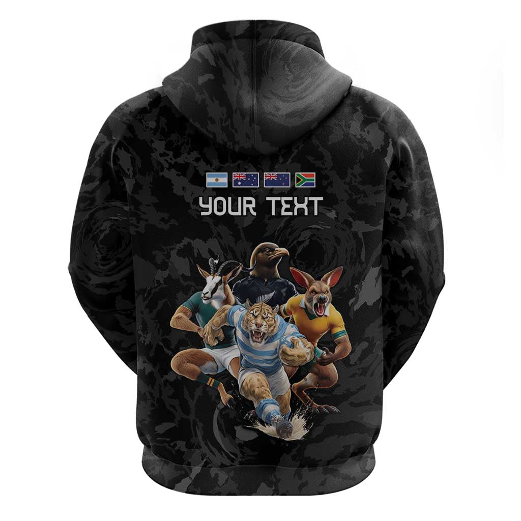 Custom Rugby Southern Hemisphere Zip Hoodie Argentina AUNZ South Africa Mascot Black - Aussie Hoodie