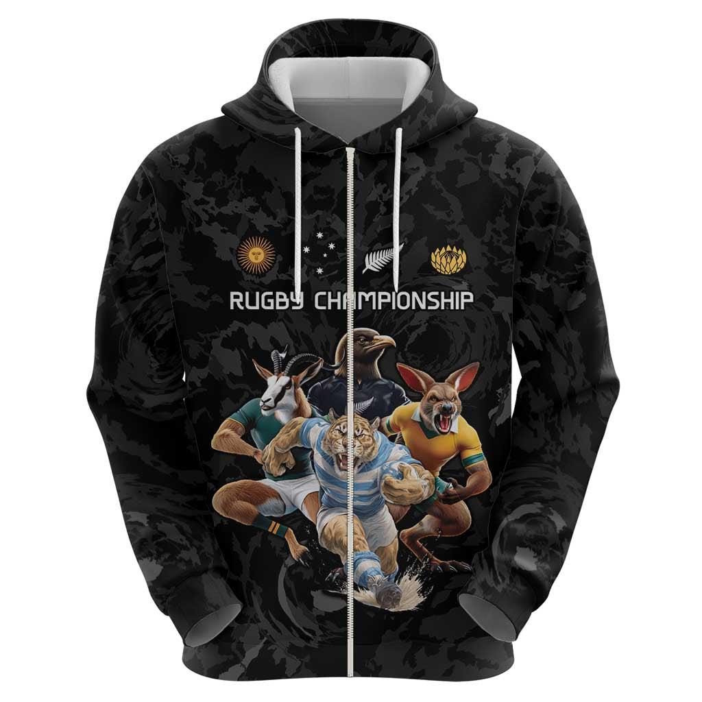 Custom Rugby Southern Hemisphere Zip Hoodie Argentina AUNZ South Africa Mascot Black - Aussie Hoodie