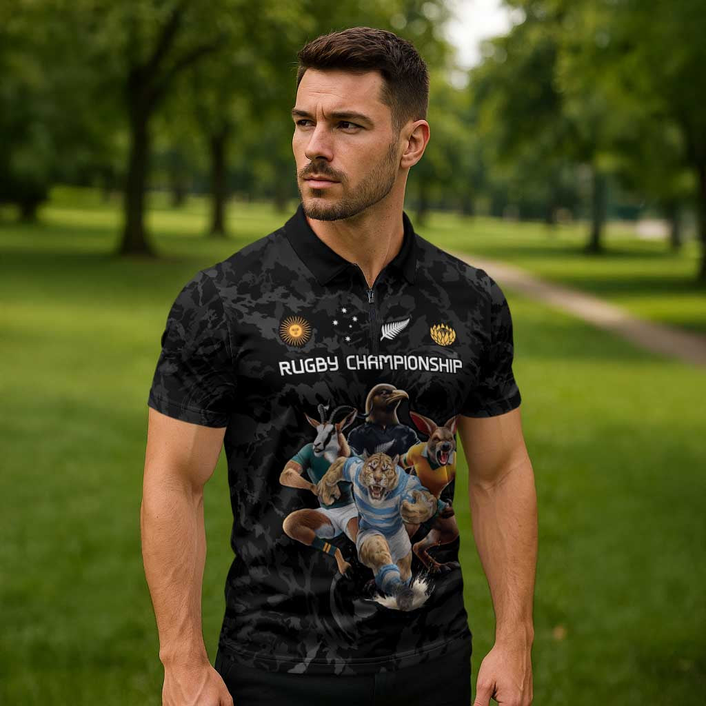 Custom Rugby Southern Hemisphere Zipper Polo Shirt Argentina AUNZ South Africa Mascot Black - Aussie Hoodie