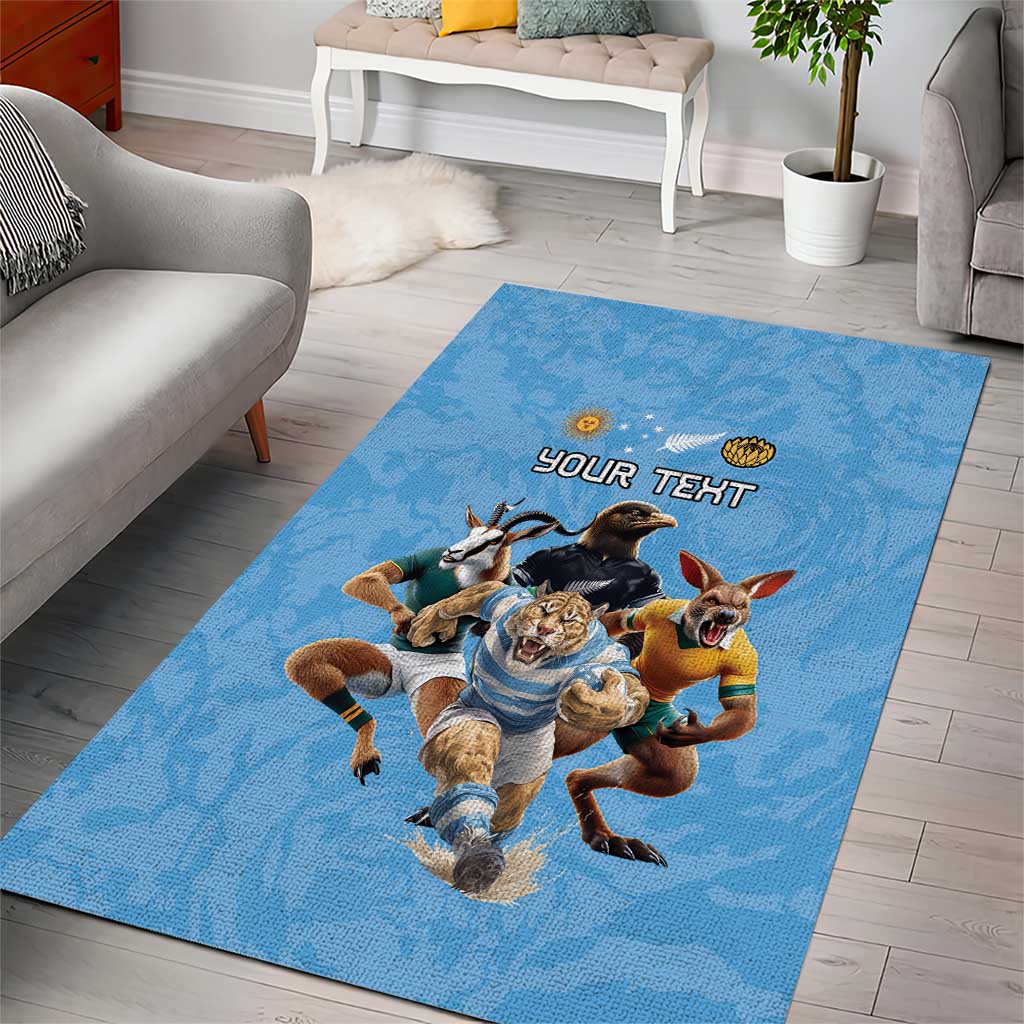 Custom Rugby Southern Hemisphere Area Rug Argentina AUNZ South Africa Mascot Blue - Aussie Hoodie