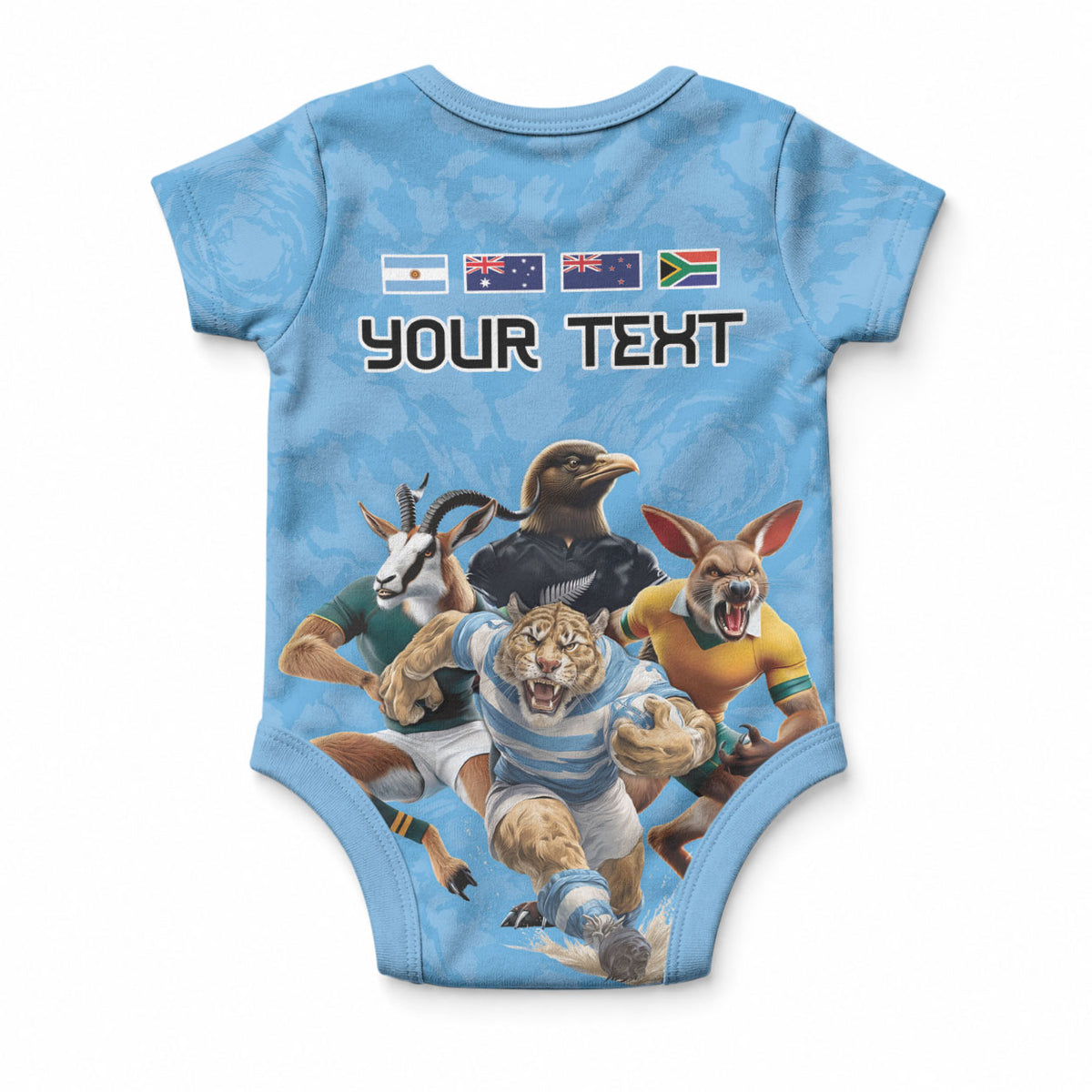 Custom Rugby Southern Hemisphere Baby Onesie Argentina AUNZ South Africa Mascot Blue