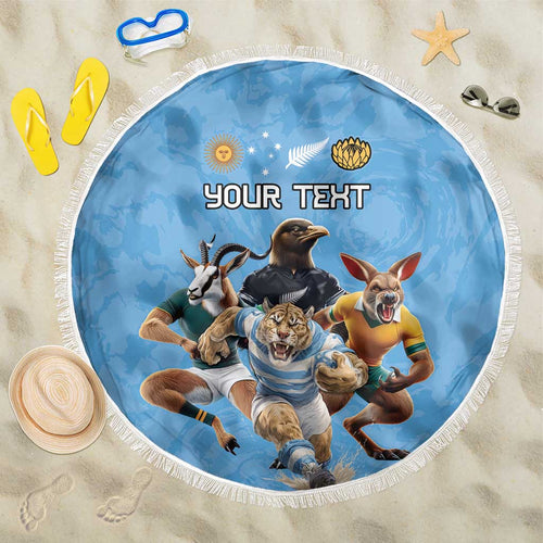 Custom Rugby Southern Hemisphere Beach Blanket Argentina AUNZ South Africa Mascot Blue - Aussie Hoodie