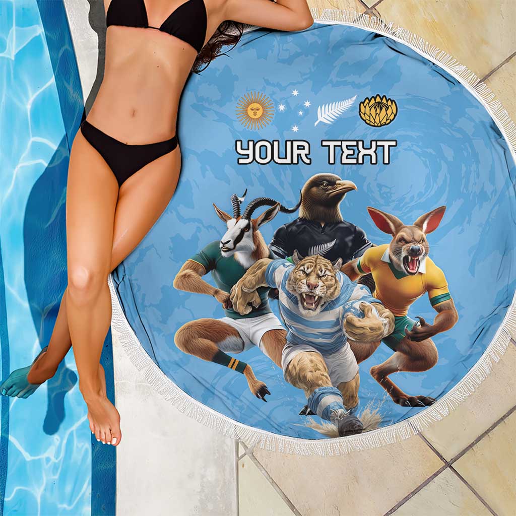 Custom Rugby Southern Hemisphere Beach Blanket Argentina AUNZ South Africa Mascot Blue - Aussie Hoodie