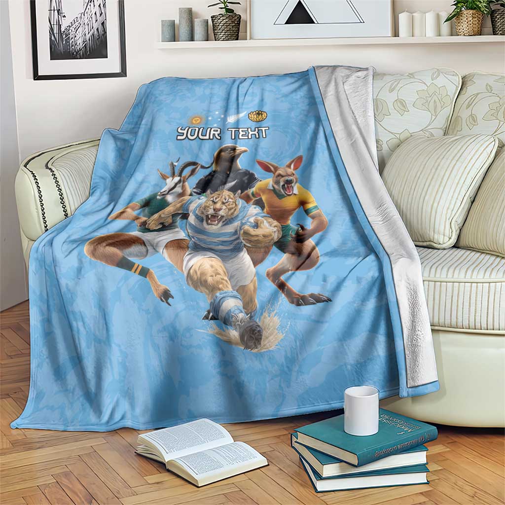 Custom Rugby Southern Hemisphere Blanket Argentina AUNZ South Africa Mascot Blue - Aussie Hoodie