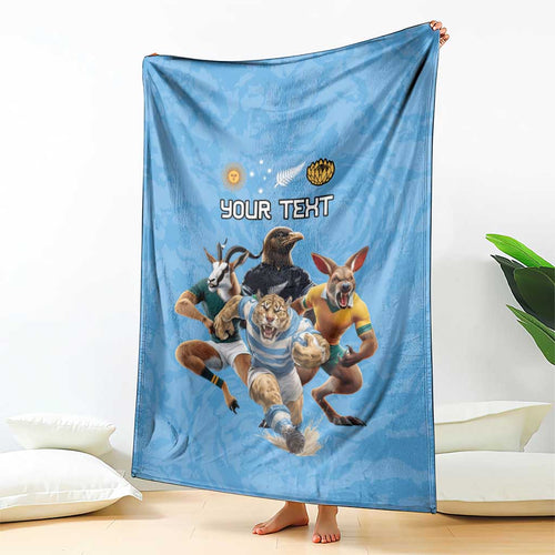 Custom Rugby Southern Hemisphere Blanket Argentina AUNZ South Africa Mascot Blue - Aussie Hoodie