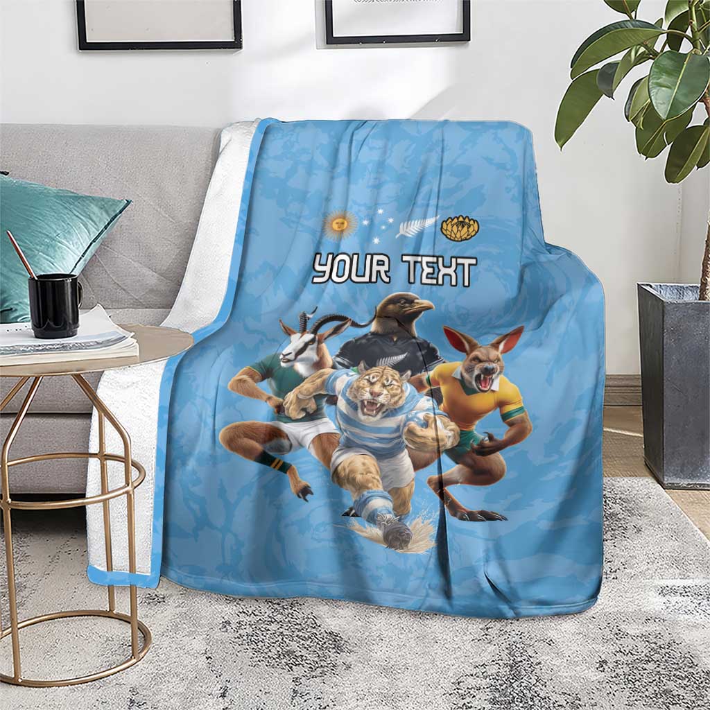 Custom Rugby Southern Hemisphere Blanket Argentina AUNZ South Africa Mascot Blue - Aussie Hoodie