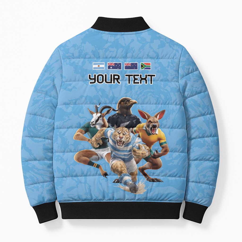 Custom Rugby Southern Hemisphere Bomber Puffer Jacket Argentina AUNZ South Africa Mascot Blue - Aussie Hoodie