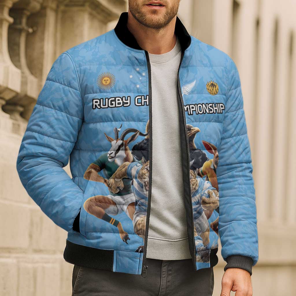 Custom Rugby Southern Hemisphere Bomber Puffer Jacket Argentina AUNZ South Africa Mascot Blue - Aussie Hoodie