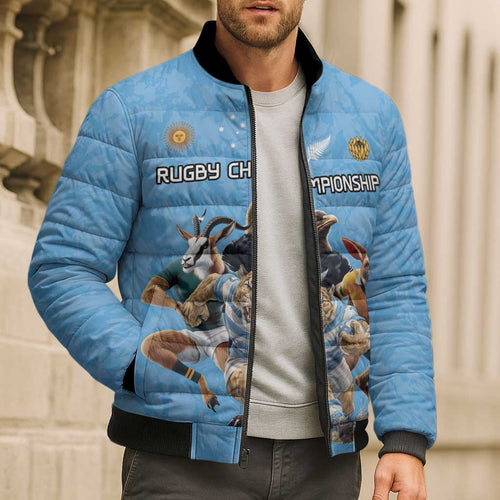 Custom Rugby Southern Hemisphere Bomber Puffer Jacket Argentina AUNZ South Africa Mascot Blue - Aussie Hoodie