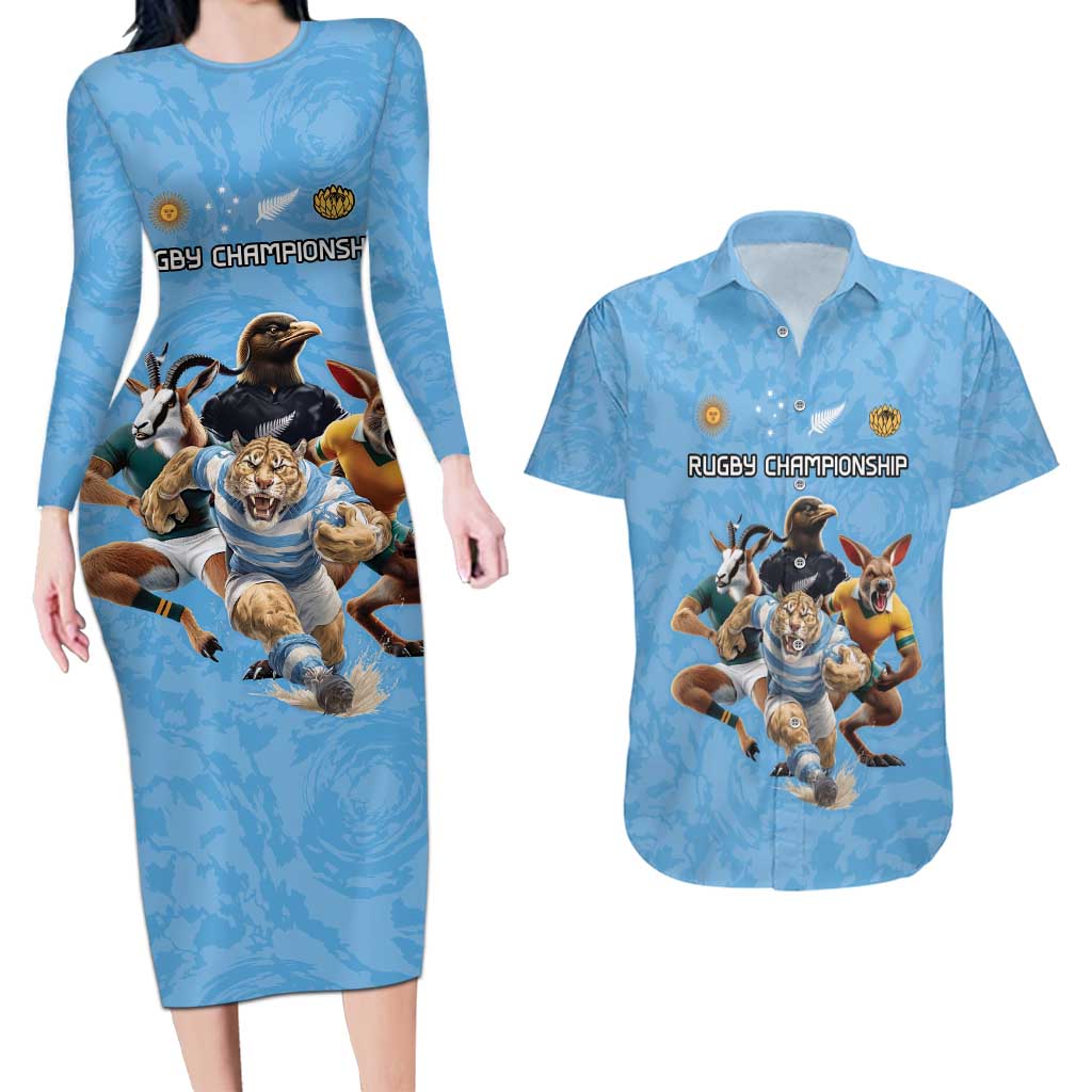 Custom Rugby Southern Hemisphere Couples Matching Long Sleeve Bodycon Dress and Hawaiian Shirt Argentina AUNZ South Africa Mascot Blue - Aussie Hoodie