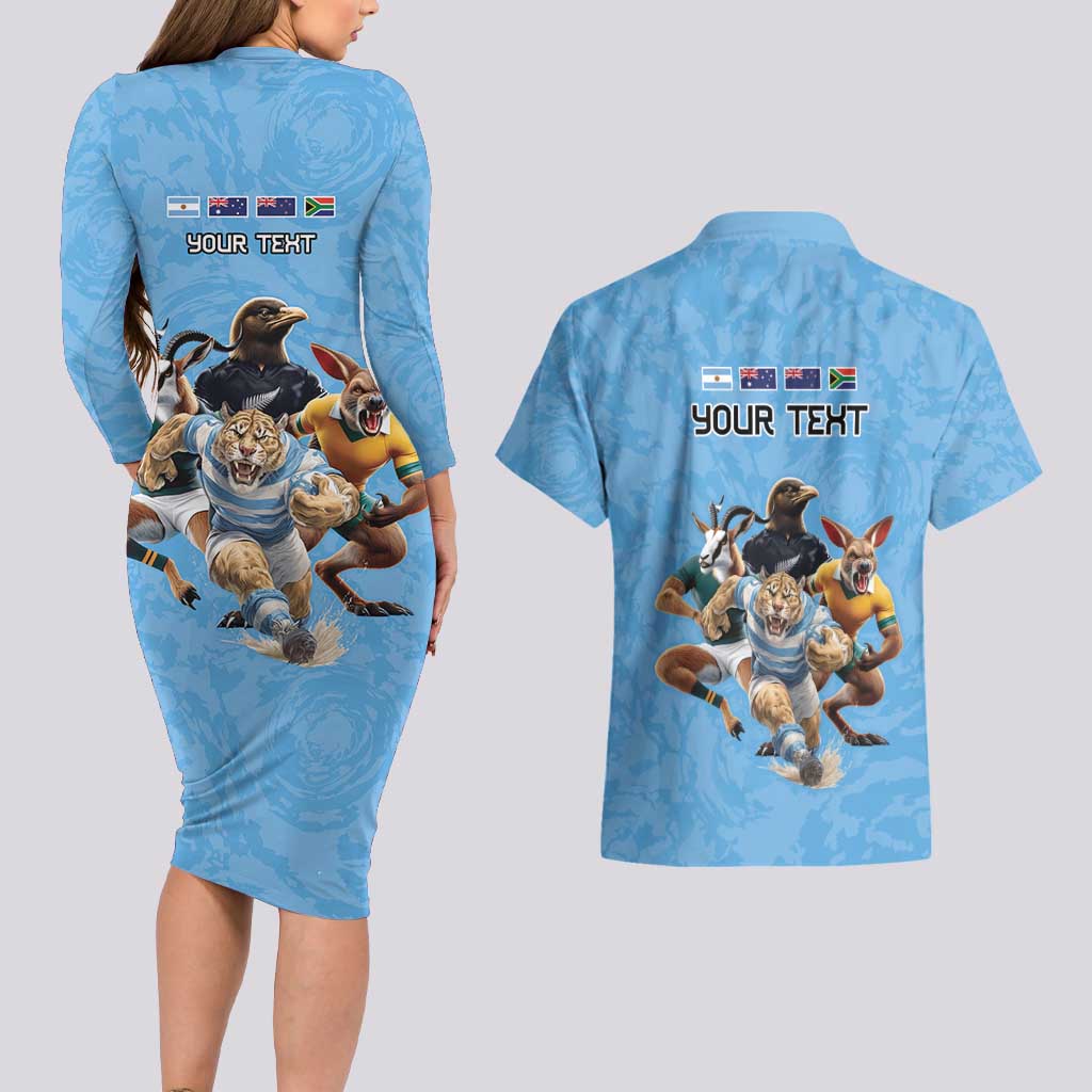Custom Rugby Southern Hemisphere Couples Matching Long Sleeve Bodycon Dress and Hawaiian Shirt Argentina AUNZ South Africa Mascot Blue - Aussie Hoodie