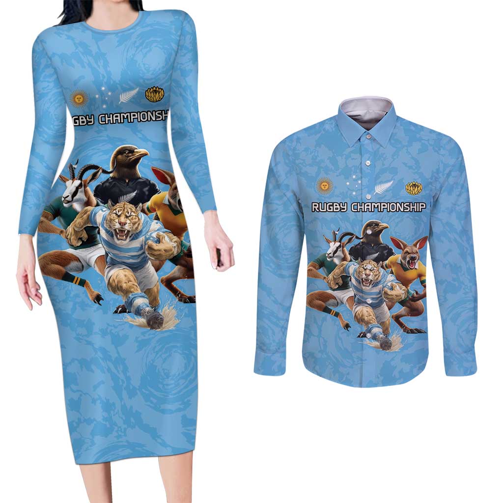Custom Rugby Southern Hemisphere Couples Matching Long Sleeve Bodycon Dress and Long Sleeve Button Shirt Argentina AUNZ South Africa Mascot Blue - Aussie Hoodie