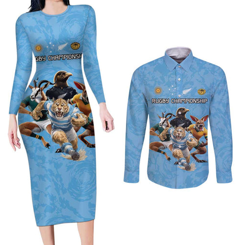Custom Rugby Southern Hemisphere Couples Matching Long Sleeve Bodycon Dress and Long Sleeve Button Shirt Argentina AUNZ South Africa Mascot Blue - Aussie Hoodie