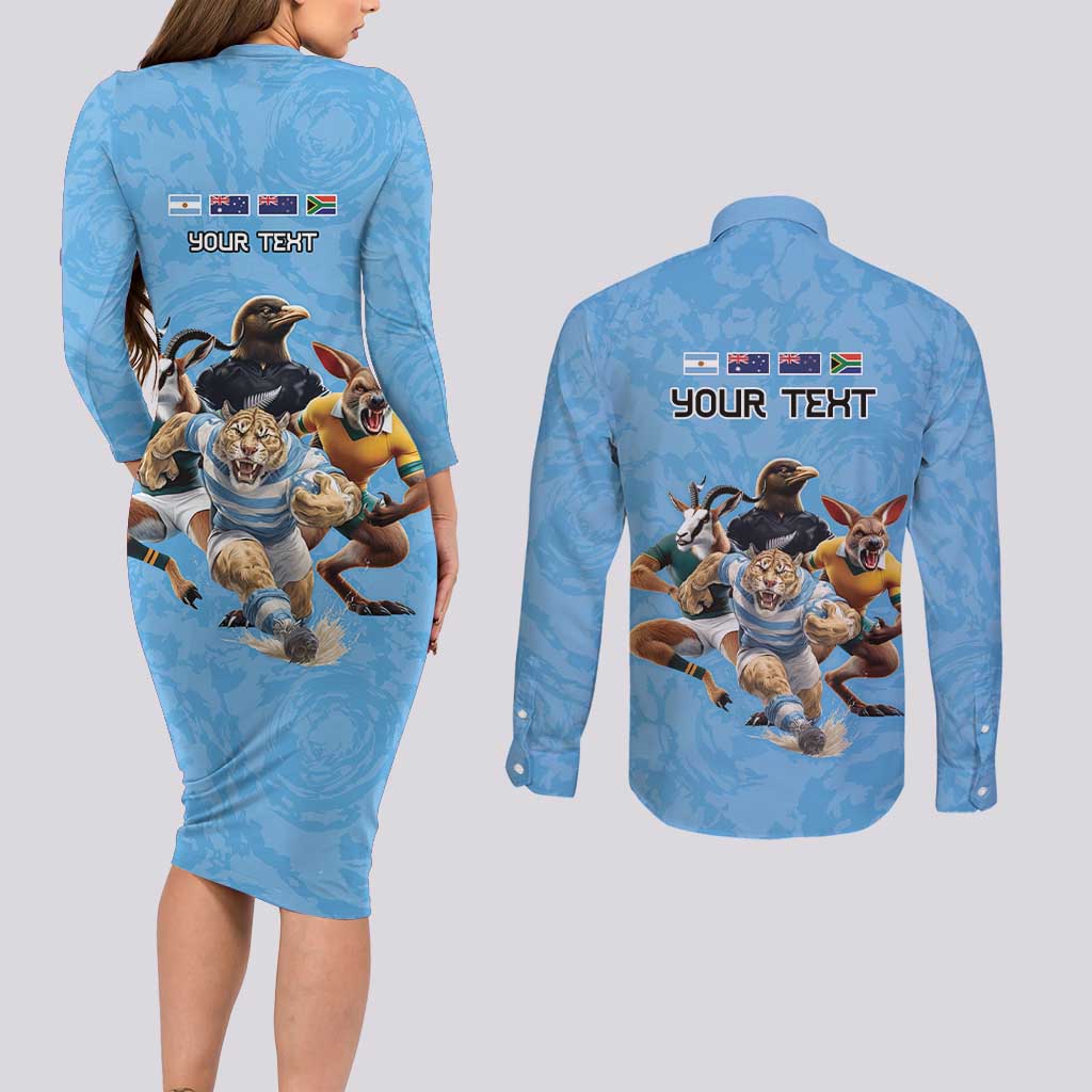 Custom Rugby Southern Hemisphere Couples Matching Long Sleeve Bodycon Dress and Long Sleeve Button Shirt Argentina AUNZ South Africa Mascot Blue - Aussie Hoodie