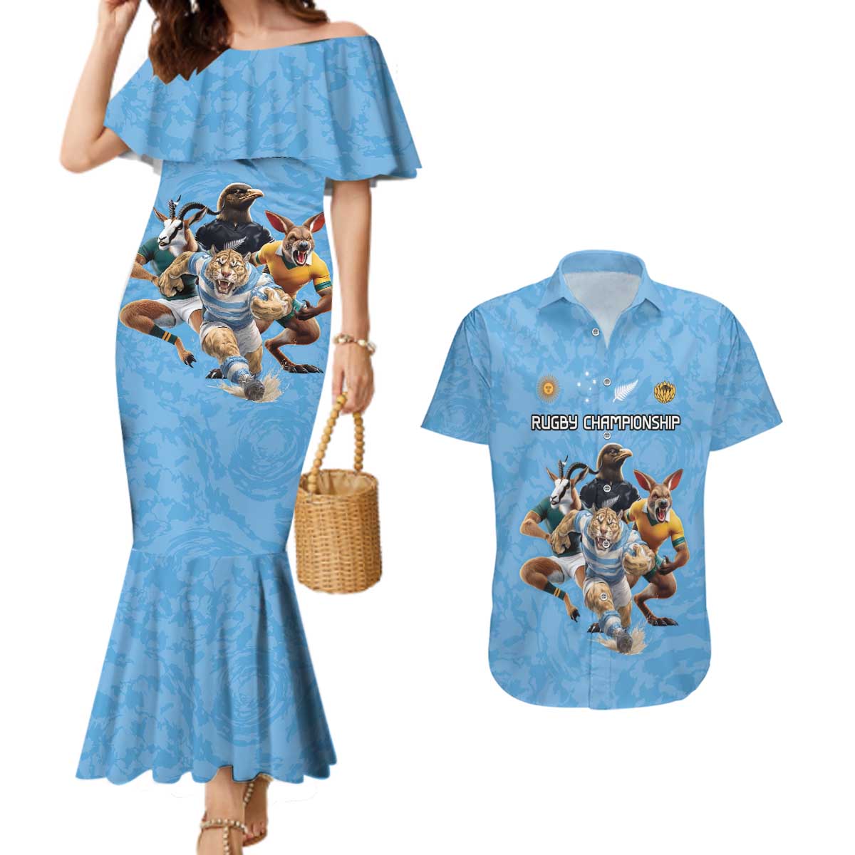 Custom Rugby Southern Hemisphere Couples Matching Mermaid Dress and Hawaiian Shirt Argentina AUNZ South Africa Mascot Blue - Aussie Hoodie