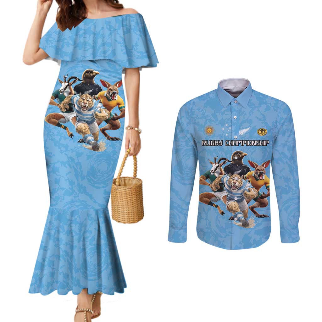 Custom Rugby Southern Hemisphere Couples Matching Mermaid Dress and Long Sleeve Button Shirt Argentina AUNZ South Africa Mascot Blue - Aussie Hoodie