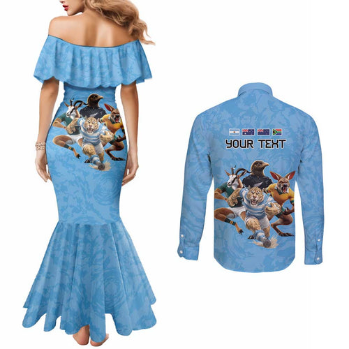 Custom Rugby Southern Hemisphere Couples Matching Mermaid Dress and Long Sleeve Button Shirt Argentina AUNZ South Africa Mascot Blue - Aussie Hoodie