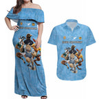Custom Rugby Southern Hemisphere Couples Matching Off Shoulder Maxi Dress and Hawaiian Shirt Argentina AUNZ South Africa Mascot Blue - Aussie Hoodie