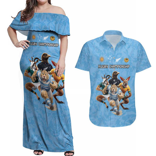 Custom Rugby Southern Hemisphere Couples Matching Off Shoulder Maxi Dress and Hawaiian Shirt Argentina AUNZ South Africa Mascot Blue - Aussie Hoodie