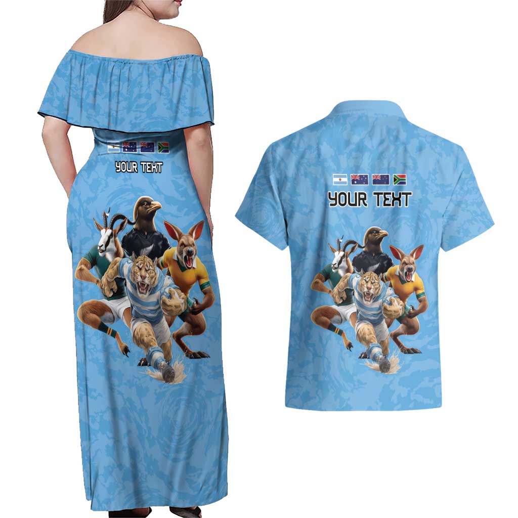 Custom Rugby Southern Hemisphere Couples Matching Off Shoulder Maxi Dress and Hawaiian Shirt Argentina AUNZ South Africa Mascot Blue - Aussie Hoodie