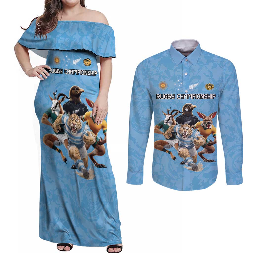Custom Rugby Southern Hemisphere Couples Matching Off Shoulder Maxi Dress and Long Sleeve Button Shirt Argentina AUNZ South Africa Mascot Blue - Aussie Hoodie