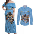 Custom Rugby Southern Hemisphere Couples Matching Off Shoulder Maxi Dress and Long Sleeve Button Shirt Argentina AUNZ South Africa Mascot Blue - Aussie Hoodie