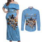 Custom Rugby Southern Hemisphere Couples Matching Off Shoulder Maxi Dress and Long Sleeve Button Shirt Argentina AUNZ South Africa Mascot Blue - Aussie Hoodie