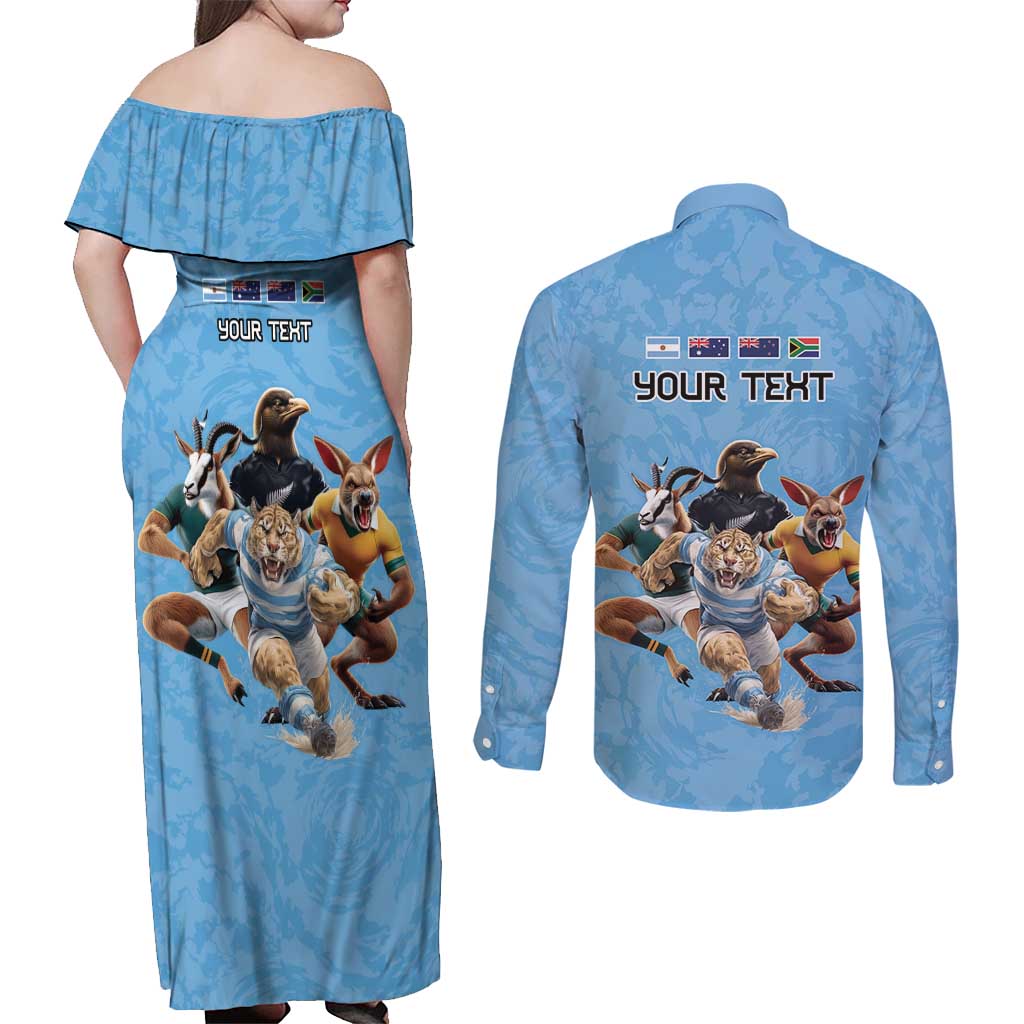 Custom Rugby Southern Hemisphere Couples Matching Off Shoulder Maxi Dress and Long Sleeve Button Shirt Argentina AUNZ South Africa Mascot Blue - Aussie Hoodie