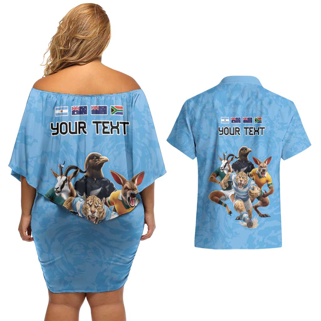 Custom Rugby Southern Hemisphere Couples Matching Off Shoulder Short Dress and Hawaiian Shirt Argentina AUNZ South Africa Mascot Blue - Aussie Hoodie