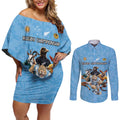 Custom Rugby Southern Hemisphere Couples Matching Off Shoulder Short Dress and Long Sleeve Button Shirt Argentina AUNZ South Africa Mascot Blue - Aussie Hoodie