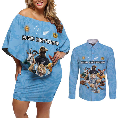 Custom Rugby Southern Hemisphere Couples Matching Off Shoulder Short Dress and Long Sleeve Button Shirt Argentina AUNZ South Africa Mascot Blue - Aussie Hoodie