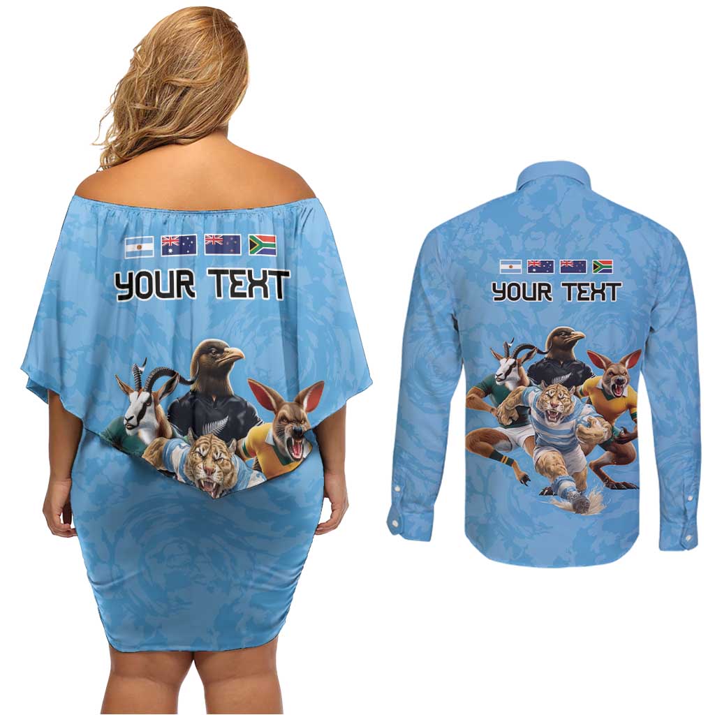 Custom Rugby Southern Hemisphere Couples Matching Off Shoulder Short Dress and Long Sleeve Button Shirt Argentina AUNZ South Africa Mascot Blue - Aussie Hoodie