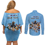 Custom Rugby Southern Hemisphere Couples Matching Off Shoulder Short Dress and Long Sleeve Button Shirt Argentina AUNZ South Africa Mascot Blue - Aussie Hoodie