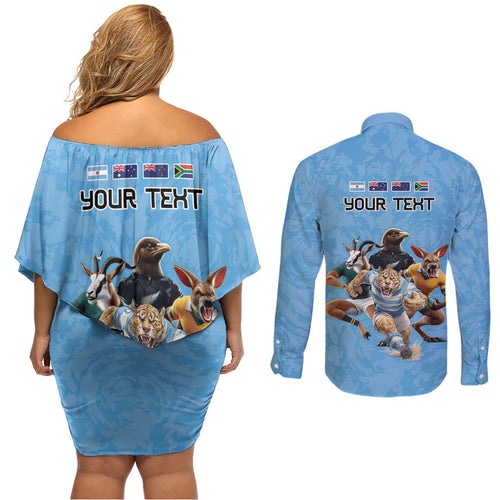 Custom Rugby Southern Hemisphere Couples Matching Off Shoulder Short Dress and Long Sleeve Button Shirt Argentina AUNZ South Africa Mascot Blue - Aussie Hoodie