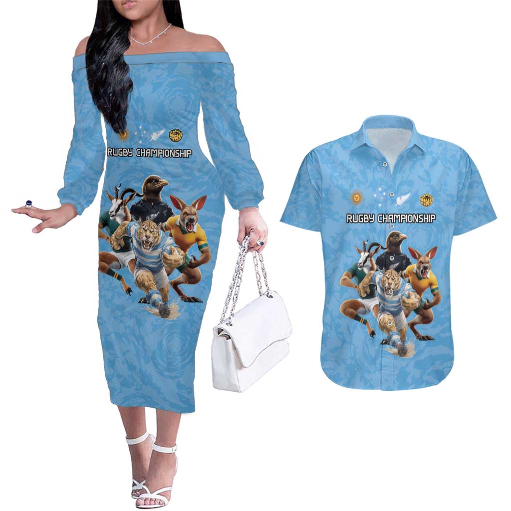 Custom Rugby Southern Hemisphere Couples Matching Off The Shoulder Long Sleeve Dress and Hawaiian Shirt Argentina AUNZ South Africa Mascot Blue - Aussie Hoodie